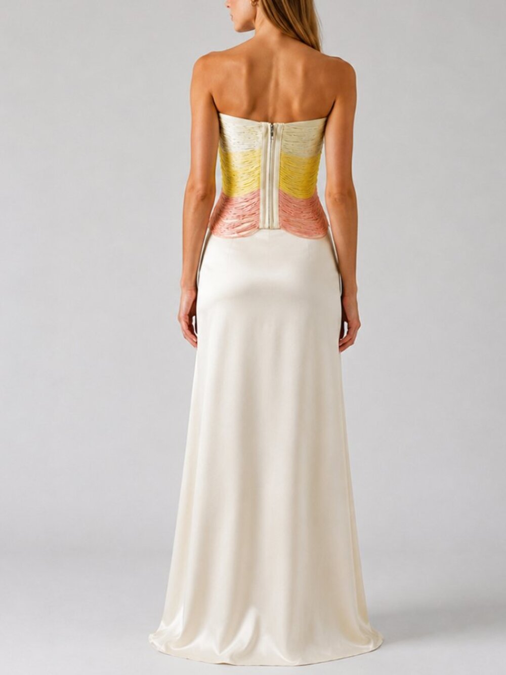 Ombre Fringe Strapless Satin Maxi Dress Yellow Peach Formal Gown - Picture 4 of 6